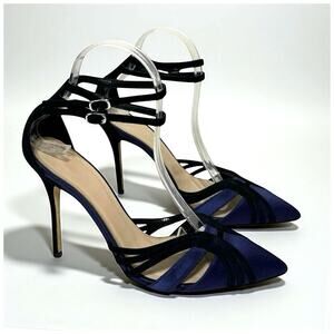 J. Crew Women’s Size 8.5 Roxie Suede + Satin Ankle-Strap Pumps Navy + Black